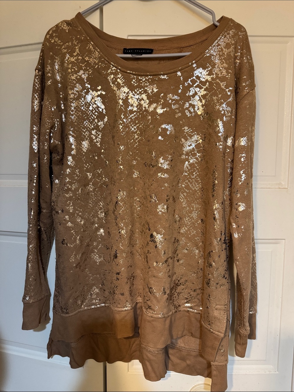 Tan Metallic Foil-Print Pullover Sweatshirt